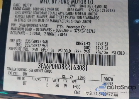 2019 Ford Fusion Se from USA, damaged, VIN 3FA6P0HD8KR163081